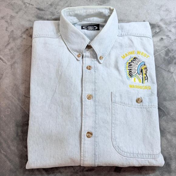 Three Rivers Other - VTG 90s Tree Rivers Maine West Worriers Embroidered Denim Shirt Sz M Distressed